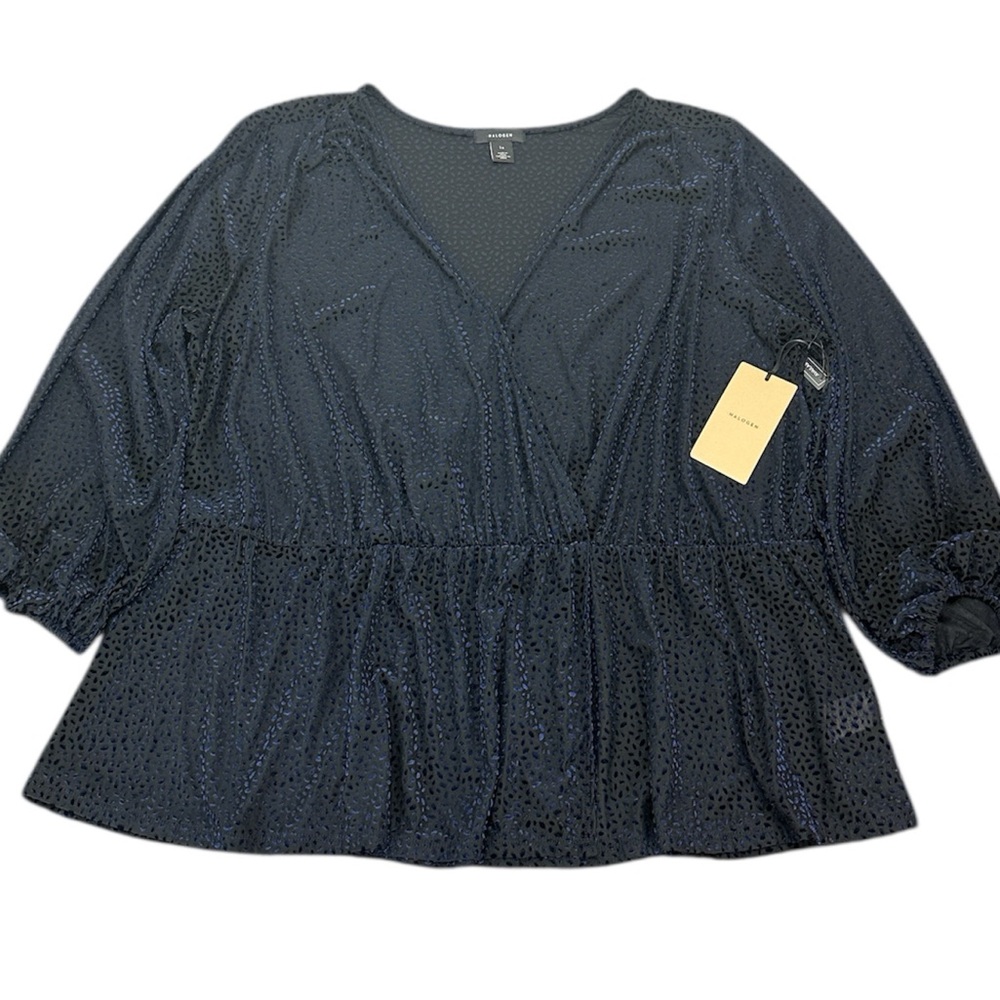 Halogen Navy Flocked Oval Surplice Peplum Top 1X